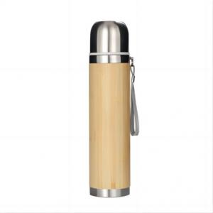 Double wall vacuum insulated bullet flask with bamboo